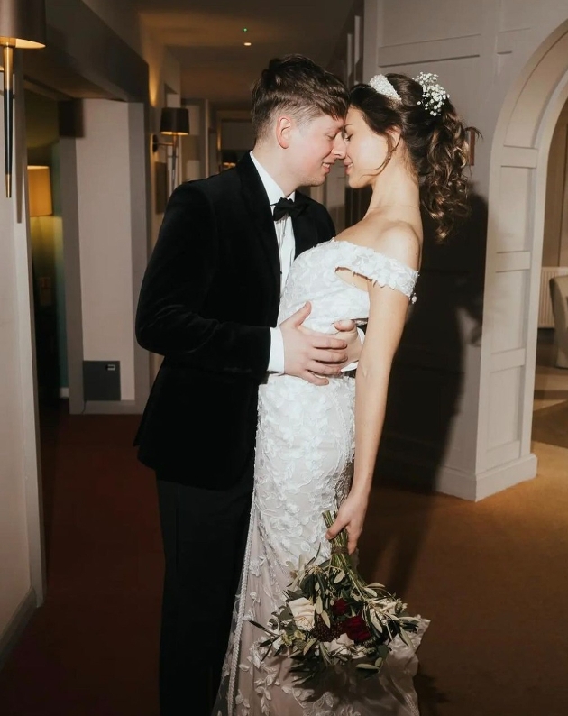 wedding couple in lobby of hotel